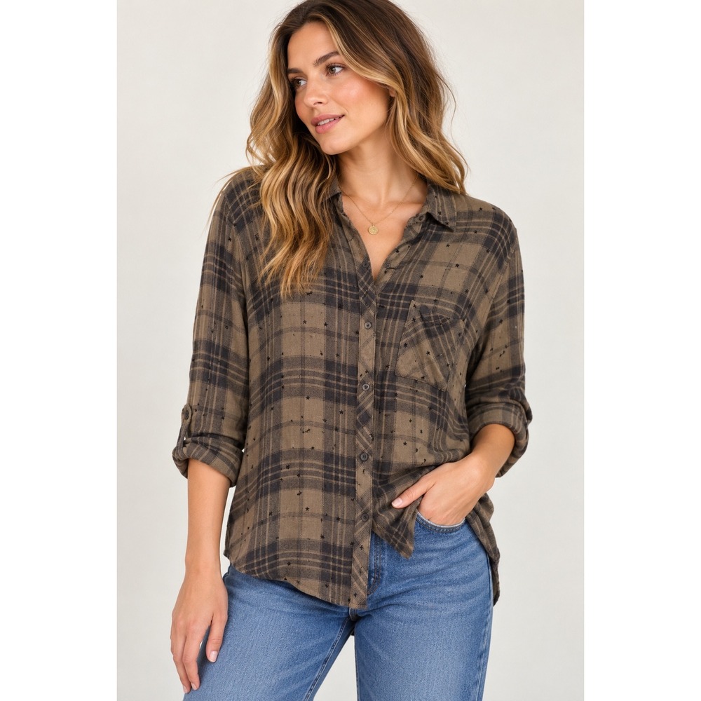 Rails Hunter Olive Plaid Star Print Button Down Shirt Women's Small